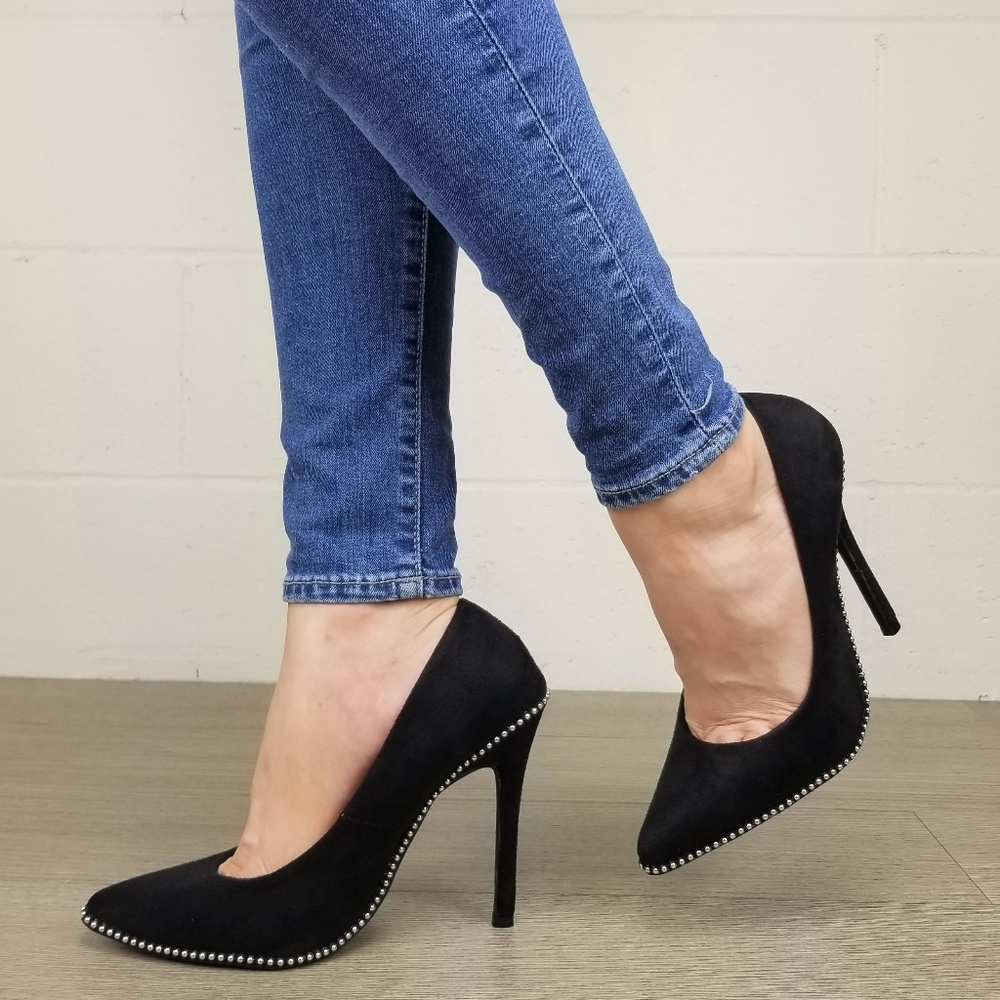 Black vegan Suede High Heel Pumps With Studs -J